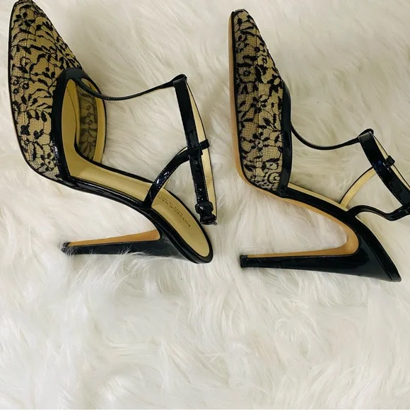 Bottega Veneta Black & Beige Lace “Perfect T” Strap Pointed Toe Pumps. Auth. - Picture 11 of 17
